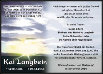 Traueranzeige von Kai Langbein von Südthüringer Presse