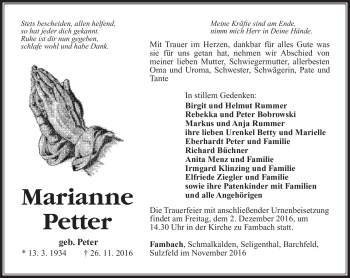 Traueranzeige von Marianne Petter von Südthüringer Presse