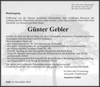 Traueranzeige von Günter Gebler von Südthüringer Presse