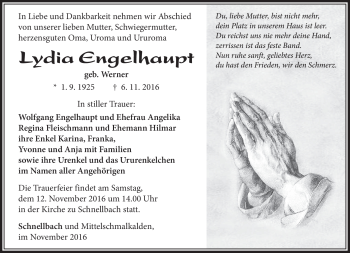 Traueranzeige von Lydia Engelhaupt von Südthüringer Presse