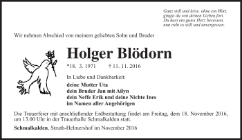 Traueranzeige von Holger Blödorn von Südthüringer Presse