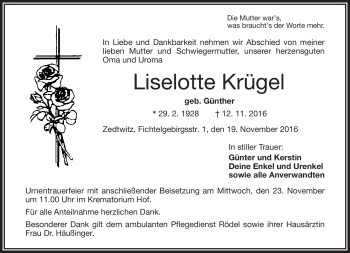 Traueranzeige von Liselotte Krügel von Frankenpost