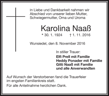 Traueranzeige von Karolina Naaß von Frankenpost