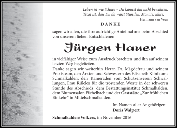 Traueranzeige von Jürgen Hauer von Südthüringer Presse