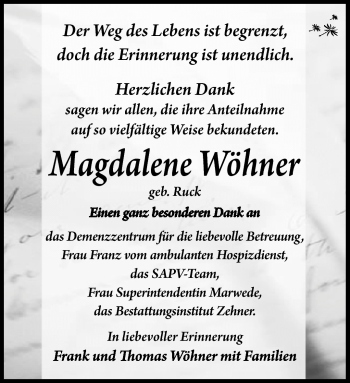 Traueranzeige von Magdalene Wöhner von Südthüringer Presse