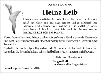 Traueranzeige von Heinz Leib von Südthüringer Presse