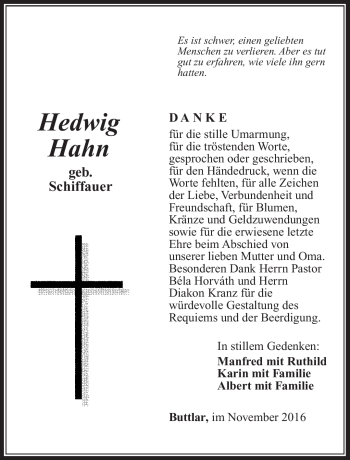 Traueranzeige von Hedwig Hahn von Südthüringer Presse