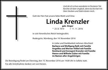 Traueranzeige von Linda Krenzler von Frankenpost