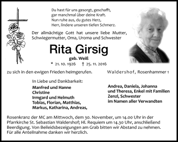 Traueranzeige von Rita Girsig von Frankenpost