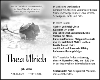 Traueranzeige von Thea Ulrich von Südthüringer Presse