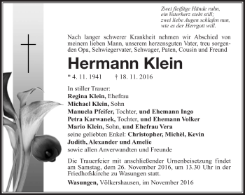 Traueranzeige von Hermann Klein von Südthüringer Presse