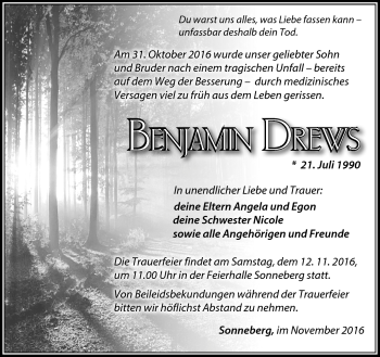 Traueranzeige von Benjamin Drews von Südthüringer Presse