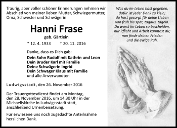 Traueranzeige von Hanni Frase von Neue Presse Coburg