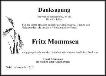 Traueranzeige von Fritz Mommsen von Südthüringer Presse