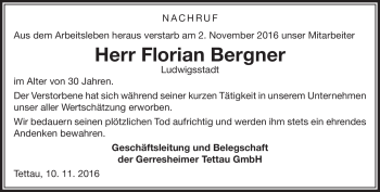 Traueranzeige von Florian Bergner von Neue Presse Coburg