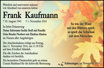 Traueranzeige von Frank Kaufmann von Südthüringer Presse