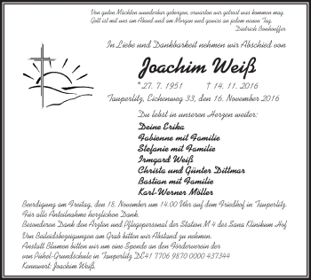 Traueranzeige von Joachim Weiß von Frankenpost