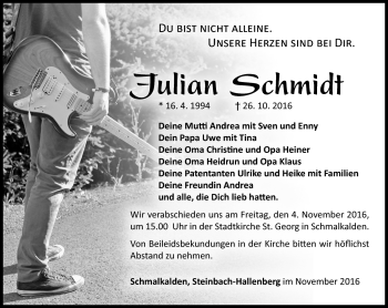 Traueranzeige von Julian Schmidt von Südthüringer Presse