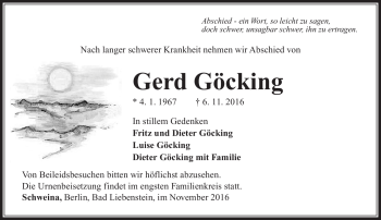 Traueranzeige von Gerd Göcking von Südthüringer Presse