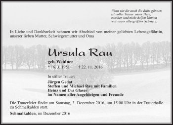 Traueranzeige von Ursula Rau von Südthüringer Presse