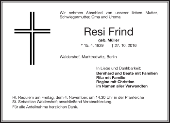 Traueranzeige von Resi Frind von Frankenpost