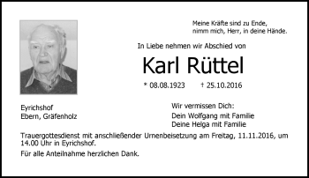 Traueranzeige von Karl Rüttel von Neue Presse Coburg