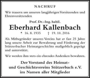 Traueranzeige von Eberhard Kallenbach von Südthüringer Presse