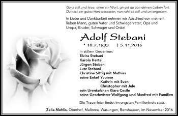 Traueranzeige von Adolf Stebani von Südthüringer Presse