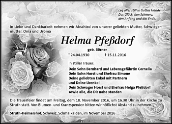 Traueranzeige von Helma Pfeßdorf von Südthüringer Presse