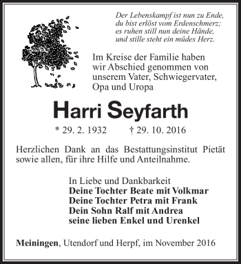 Traueranzeige von Harri Seyfarth von Südthüringer Presse