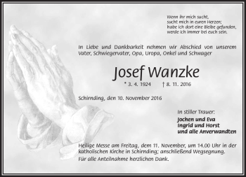 Traueranzeige von Josef Wanzke von Frankenpost