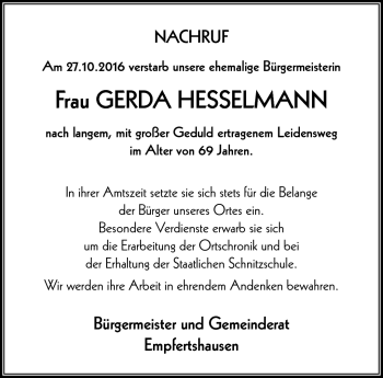 Traueranzeige von Gerda Hesselmann von Südthüringer Presse