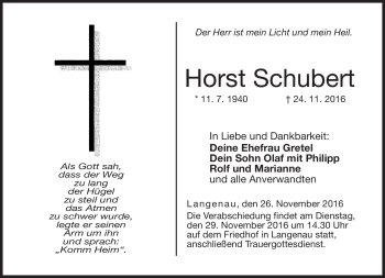 Traueranzeige von Horst Schubert von Neue Presse Coburg