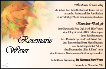 Traueranzeige von Rosemarie Weser von Südthüringer Presse