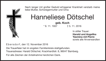 Traueranzeige von Hanneliese Dötschel von Neue Presse Coburg