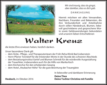 Traueranzeige von Walter Kreuz von Südthüringer Presse
