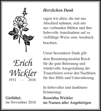 Traueranzeige von Erich Winkler von Südthüringer Presse
