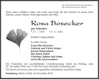 Traueranzeige von Rosa Bosecker von Südthüringer Presse