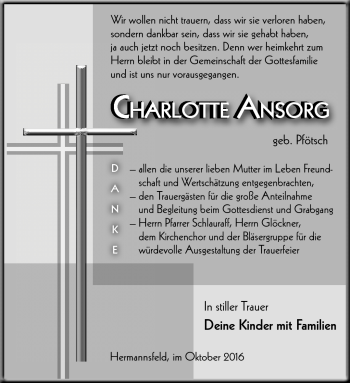 Traueranzeige von Charlotte Ansorg von Südthüringer Presse