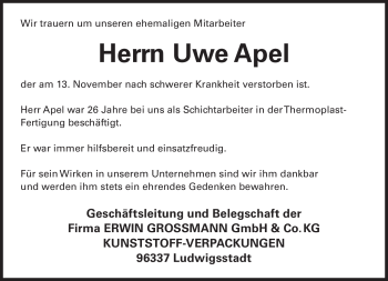 Traueranzeige von Uwe Apel von Neue Presse Coburg