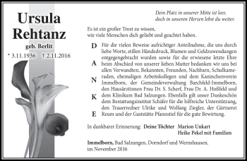 Traueranzeige von Ursula Rehtanz von Südthüringer Presse