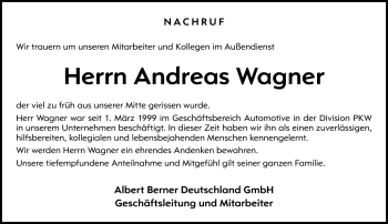 Traueranzeige von Andreas Wagner von Südthüringer Presse