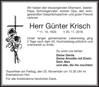 Traueranzeige von Günter Krisch von Frankenpost