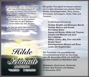 Traueranzeige von Hilde Schmidt von Südthüringer Presse