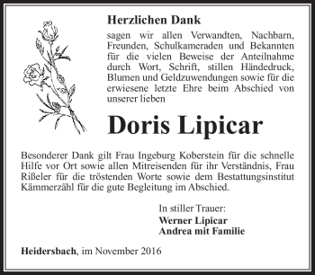 Traueranzeige von Doris Lipicar von Südthüringer Presse