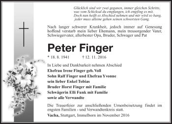 Traueranzeige von Peter Finger von Südthüringer Presse