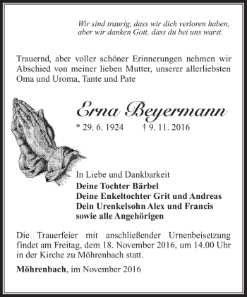 Traueranzeige von Erna Beyermann von Südthüringer Presse