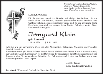 Traueranzeige von Irmgard Klein von Südthüringer Presse
