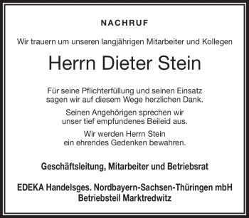 Traueranzeige von Dieter Stein von Frankenpost