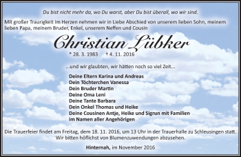 Traueranzeige von Christian Lübbker von Südthüringer Presse